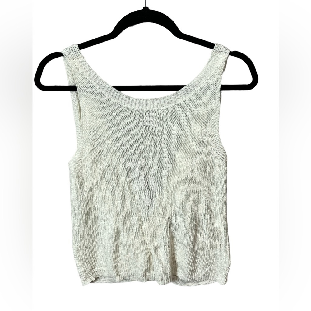 Cream round neck ribbed tank top with deep V back with twist detail, Size Medium
